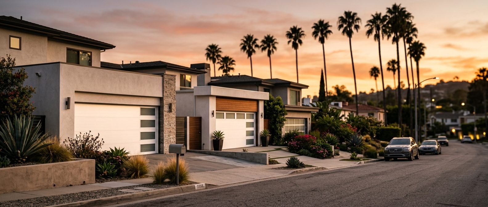 Close detail of a garage door and driveway in warm light