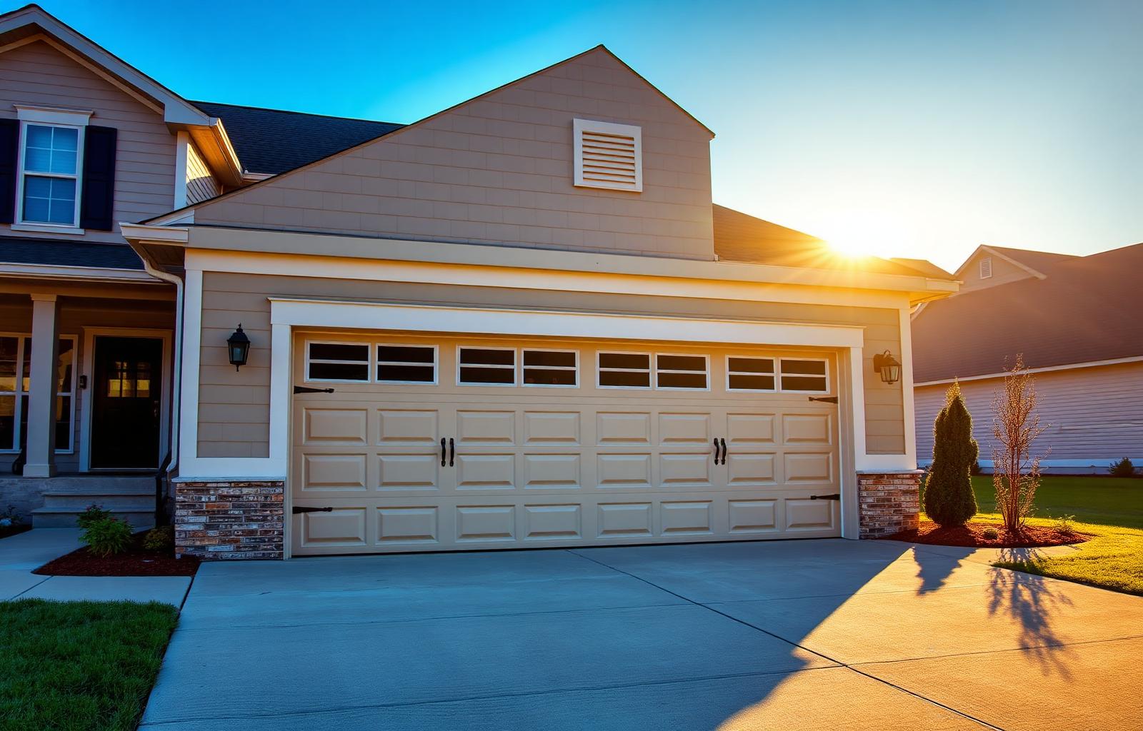 Warm Sacramento home with a clean, well-kept garage door in afternoon light